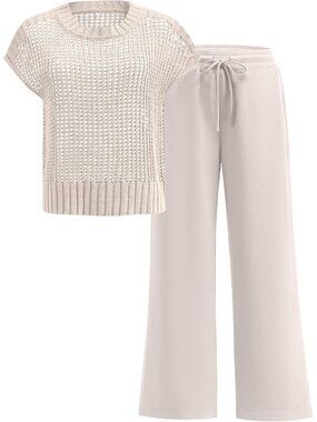🆕Women Apricot Two Piece Outfits Crochet Sheer Knit Sweater Top Wide Leg Pants